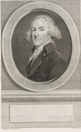 Portrait of Casparus Meijer, print, member of the National Assembly and ambassador to Paris., Van Someren 3660, printmaker: Reinier Vinkeles (I), Amsterdam, after drawing by Charles Howard Hodges, 1786 - 1809, paper, etching, proof print, height 242 mm x width 154 mm, Later state of print used as book illustration in: Wagenaar, Jan. Vaderlandsche historie, as a continuation of Wagenaar's Vaderlandsche historie. Vol. 1-43. Amsterdam: Johannes Allart, 1786-1809., Person, Casparus Meijer, A monochrome engraved portrait of a man shown from the chest up within an oval frame, set against a textured background. The man faces slightly to his left with a composed expression, light wavy hair framing his face, and dressed in a high-collared coat with visible buttons and a cravat at the neck. The oval frame has concentric lined detailing and rests above a sectioned rectangular panel with lined and crosshatched textures. The engraving uses fine lines and crosshatching throughout to create shading a...