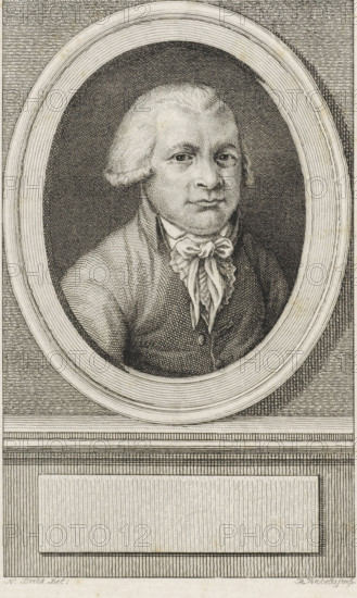 Portrait of Johannes Henricus Midderigh, print, delegate to the National Assembly., FMP 3635-a, printmaker: Reinier Vinkeles (I), Amsterdam, after drawing by N. Dries, 1786 - 1809, paper, etching, proof, height 246 mm x width 167 mm, Later state print used as book illustration in: Wagenaar, Jan. Vaderlandsche historie, in continuation of Wagenaar's Vaderlandsche historie. Vol. 1-43. Amsterdam: Johannes Allart, 1786-1809., Person, Johannes Henricus Midderigh, A finely detailed black and white engraved portrait shows a man framed within an oval border set against a textured rectangular background. The man faces forward with a neutral expression, powdered hair styled away from the face and curled near the ears, dressed in period clothing including a high-collared shirt and a decorative tied cravat. Concentric lines form the oval frame and a patterned backdrop surrounds it, while below the oval a panel with horizontal and vertical linear textures occupies the lower portion of the image.