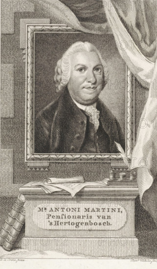 Portrait of Antoni Martini, print, pensionary of Den Bosch., printmaker: Reinier Vinkeles (I), Amsterdam, after painting by Pieter Frederik de la Croix, 1786 - 1809, paper, etching, height 232 mm x width 154 mm, Print also used as a book illustration in: Wagenaar, Jan. Vaderlandsche historie, as a continuation of Wagenaar's Vaderlandsche historie. Vol. 1-43. Amsterdam: Johannes Allart, 1786-1809., Person, Antoni Martini, A detailed engraved portrait of a man shown within an ornate rectangular frame, his face facing forward with a composed expression and powdered wig with curled sides, dressed in a dark coat and a lace cravat; the framed portrait sits amid a textured background with draped fabric folding over the top right corner, a pedestal beneath the frame holds a rolled document and a cloth, alongside a set of inkwells and a quill, and a large bound book leans against the pedestal on the left.