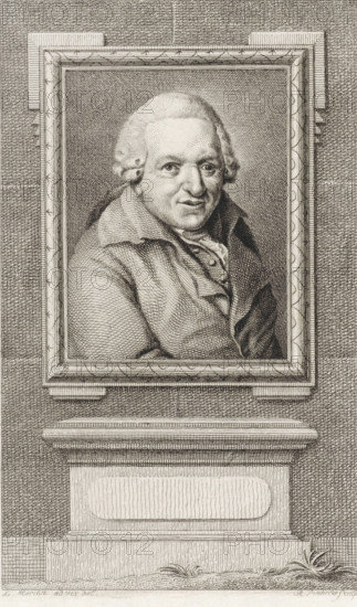 Portrait of Pieter Jan Marcus, print, Mayor of Leiden., Van Someren 3471, printmaker: Reinier Vinkeles (I), Amsterdam, after drawing by Louis Moritz, 1786 - 1809, paper, etching, proof print, height 235 mm x width 159 mm, Later state print also used as book illustration in: Wagenaar, Jan. Vaderlandsche historie, as a continuation of Wagenaar's Vaderlandsche historie. Vol. 1-43. Amsterdam: Johannes Allart, 1786-1809., Person, Pieter Jan Marcus, A framed engraved portrait of an older man with curled hair, visible from the chest up, wearing a collared coat and a cravat, his face turned slightly toward the viewer with a neutral expression; the frame is ornate with patterned borders and is set against a textured background, mounted above a decorative plinth with carved molding and a recessed panel, and a small tuft of grass at the base.