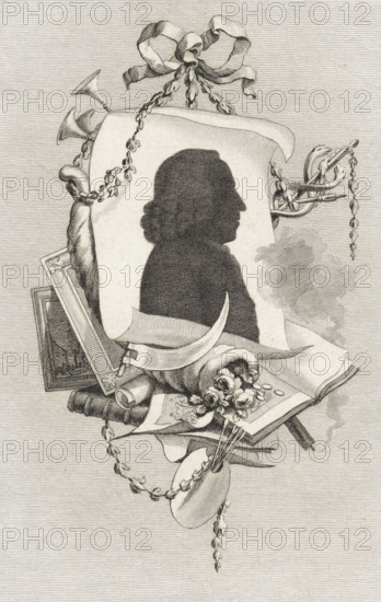 Silhouette of Hendrik van Maarseveen, print, Silhouette of the artist Hendrik van Maarseveen. Next to the portrait, an extinguished torch. At the top, trumpets and a caduceus, the attribute of Mercury. At the bottom, a horn of plenty and paintings, drawings, and a print album., printmaker: Reinier Vinkeles (I), Amsterdam, 1793, paper, etching, height 235 mm x width 158 mm, Person, Hendrik van Maarseveen, 'Cornucopia', Horn of Plenty, caduceus (staff with two snakes, attribute of Mercury), drawing, sketch, palette, frame of painting, A detailed black and white engraving shows a dark silhouette profile of a person on a rectangular sheet of paper framed by decorative elements; a ribbon tied in a bow tops the composition with a beaded garland hanging from it, and ornamental horns project from behind the paper. Surrounding the central sheet are rolled and open books, a curved blade resting across a scroll, a cluster of flowers, and a small framed picture partially visible. Beaded chains and...
