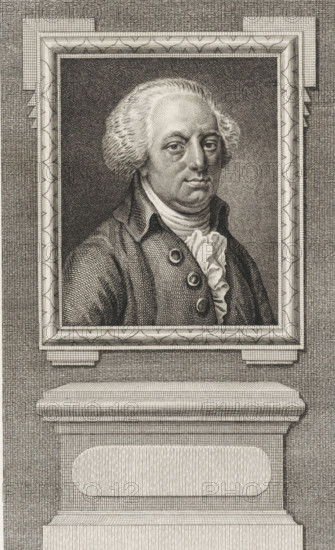 Portrait of Cornelis Johan de Lange van Wijngaarden, print, alderman and councilor of Gouda., printmaker: Reinier Vinkeles (I), after drawing by Hendrik Pothoven, 1786 - 1809, paper, etching, engraving, height 235 mm x width 157 mm, Later state print also used as book illustration in: Wagenaar, Jan. Vaderlandsche historie, in continuation of Wagenaar's Vaderlandsche historie. Vol. 1-43. Amsterdam: Johannes Allart, 1786-1809., Person, Cornelis Johan de Lange van Wijngaarden, A framed engraved portrait of an older man with a powdered wig, visible from the chest up, wearing a coat with a high collar and three prominent round buttons and a ruffled cravat at the neck; the face shows a calm expression with detailed shading around the eyes, nose, and mouth. The portrait sits within an ornate rectangular frame with patterned inner molding and a textured background behind the figure. Below the frame is a sculpted pedestal with layered horizontal ledges and an inset oval panel, all rendered with...