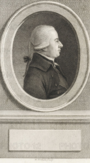 Portrait of Cornelis van Lennep, print, bailiff and sheriff of the Diemermeer., printmaker: Reinier Vinkeles (I), Amsterdam, 1786 - 1809, paper, etching, engraving, height 252 mm x width 168 mm, Later state print also used as book illustration in: Wagenaar, Jan. Vaderlandsche historie, in continuation of Wagenaar's Vaderlandsche historie. Vol. 1-43. Amsterdam: Johannes Allart, 1786-1809., Person, Cornelis van Lennep, A monochrome engraved portrait shows a man in profile facing right, set within an oval frame; he has a powdered or light-colored hairstyle pulled back and tied with a ribbon, a high collar, and a dark coat with visible buttons and lapel details, and the oval is surrounded by concentric textured rings against a lined background with a rectangular panel beneath the frame.