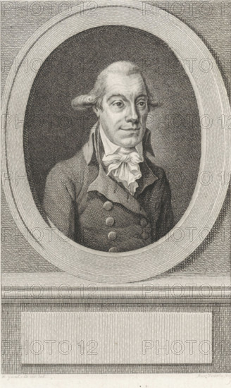 Portrait of Nicolaas Cornelis Lambrechtsen van Ritthem, print, pensionary of Vlissingen., printmaker: Reinier Vinkeles (I), Amsterdam, after drawing by Pieter Gaal, 1794, paper, etching, proof print, height 230 mm x width 156 mm, Later state print also used as book illustration in: Wagenaar, Jan. Vaderlandsche historie, in continuation of Wagenaar's Vaderlandsche historie. Vol. 1-43. Amsterdam: Johannes Allart, 1786-1809., Person, Nicolaas Cornelis Lambrechtsen van Ritthem, An engraved portrait of a man shown from the chest up within an oval frame, rendered in fine parallel and cross-hatched lines, depicting him with a high forehead, swept-back hair that curls at the sides, and an alert expression with slightly raised eyebrows and a closed mouth; he wears a high-collared coat with rows of rounded buttons and a large, ruffled cravat at his neck, and the oval sits against a textured rectangular background above a blank rectangular panel, all executed in monochrome engraving.