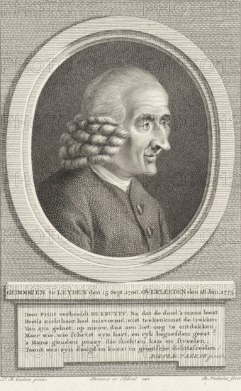 Portrait of the Dutch poet Jan de Kruyff, print, printmaker: Reinier Vinkeles (I), after painting by Louis Bernard Coclers, writer (clerical worker): Pieter Vreede, publisher: Yntema & Tieboel, Amsterdam, 1775 - 1784, writer (clerical worker), paper, etching, engraving, etching and engraving, height 218 mm x width 141 mm, Person, Jan de Kruyff (1706-1775), An engraved oval portrait of an older man in profile facing right, with a high forehead, prominent nose, and tightly curled hair arranged in rows at the sides and pulled back on top, shown from the shoulders upward wearing a buttoned coat and a visible collar, set against a densely hatched dark background and framed by a decorative concentric oval border, with a rectangular panel containing dense patterned engraving below the portrait and a wider textured background filling the outer area.
