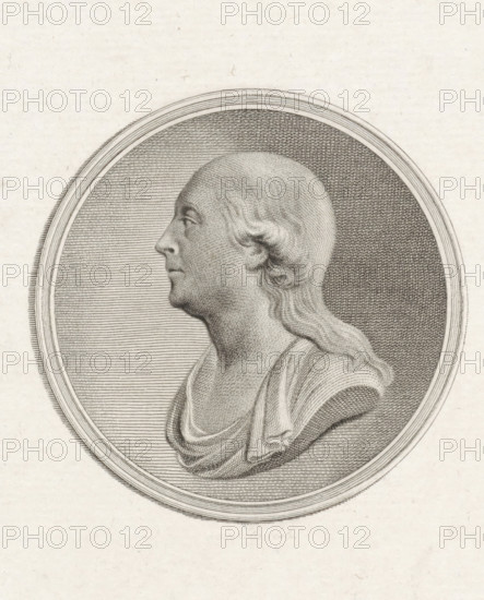 Portrait of Jan Hendrik van Kinsbergen, print, Portrait of the Dutch Admiral Jan Hendrik van Kinsbergen, as an antique bust., printmaker: Reinier Vinkeles (I), Amsterdam, after design by Charles Howard Hodges (possibly), 1806 - 1816, paper, etching, height 275 mm x width 205 mm, Person, Jonkheer Jan Hendrik van Kinsbergen, An engraved oval medallion contains a left-facing bust of a person with long wavy hair, a pronounced profile, and a draped garment; the background inside the oval shows fine horizontal and crosshatch linework, and the surrounding paper is light with subtle paper texture.
