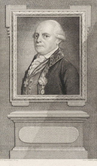 Portrait of Jan Hendrik van Kinsbergen, print, Portrait of the Dutch Admiral Jan Hendrik van Kinsbergen, as Rear Admiral., printmaker: Reinier Vinkeles (I), Amsterdam, after drawing by Johan Friedrich Bürckman, 1785, paper, etching, proof print, height 235 mm x width 158 mm, Later state print also used as book illustration in: Wagenaar, Jan. Vaderlandsche historie, as a continuation of Wagenaar's Vaderlandsche historie. Vol. 1-43. Amsterdam: Johannes Allart, 1786-1809., Person, Jonkheer Jan Hendrik van Kinsbergen, A framed engraved portrait of a man displayed above a plinth, rendered in fine crosshatching. The man is shown from the chest up, turned slightly to one side with a neutral expression and powdered hair styled back. He wears a high-collared shirt with ruffled front, a dark coat with decorative trim on the collar, and several medals and ribbons pinned to his chest. The rectangular frame around the portrait has a patterned inner border and sits against a textured background. Bel...