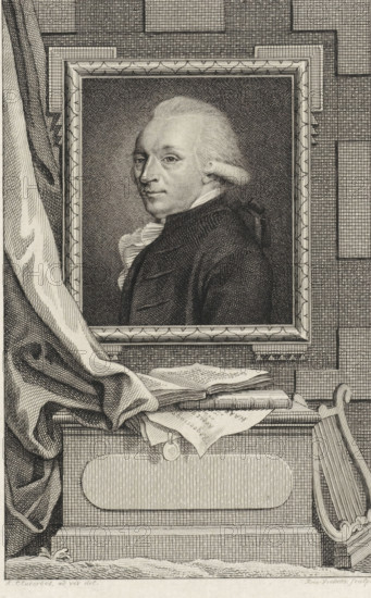 Portrait of Pieter Leonard van de Kasteele, print, Portrait of the Haarlem regent and man of letters Pieter Leonard van de Kasteele., printmaker: Reinier Vinkeles (I), Amsterdam, after drawing by Augustijn Claterbos, 1786 - 1809, paper, etching, engraving, height 235 mm x width 155 mm, Later state print also used as book illustration in: Wagenaar, Jan. Vaderlandsche historie, in continuation of Wagenaar's Vaderlandsche historie. Vol. 1-43. Amsterdam: Johannes Allart, 1786-1809., Person, Pieter Leonard van de Kasteele, An engraved portrait of a man shown from the shoulders up inside a rectangular ornate frame mounted on a textured wall, the man facing slightly to viewer's right with powdered hair styled back and a curled queue, wearing a dark coat and a light ruffled collar; a draped curtain falls from the upper left across the lower left corner, partially covering a stack of open and closed books and loose sheets resting on a carved pedestal with an oval recessed panel, a ribboned seal...