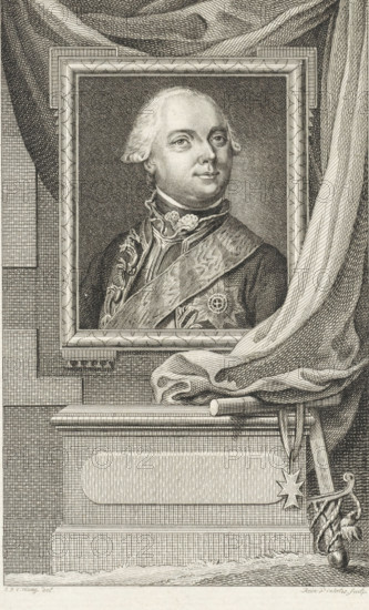 Portrait of Charles Christian, Prince of Nassau-Weilburg, print, printmaker: Reinier Vinkeles (I), Amsterdam, after drawing by Tethart Philip Christian Haag, 1786 - 1809, paper, etching, proof, height 234 mm x width 153 mm, Later state print presumably used as a book illustration in: Wagenaar, Jan. Vaderlandsche historie, as a continuation of Wagenaar's Vaderlandsche historie. Vol. 1-43. Amsterdam: Johannes Allart, 1786-1809., Person, Charles Christian Prince of Nassau-Weilburg, A framed engraved portrait of a man with powdered hair and a composed expression hangs against a textured background, the man shown from the chest up wearing ornate clothing with decorative embroidery, a sash across his chest, and a star-shaped medal; the frame rests above a ledge draped with a flowing curtain that cascades beside and in front of the frame, partially covering a horizontal rod and a rope with a tassel and an ornamental star attached, all rendered in fine cross-hatched lines.