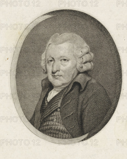 Portrait of Koenraad Hovens, print, member of the National Assembly., printmaker: Reinier Vinkeles (I), Amsterdam, after painting by Charles Howard Hodges, 1786 - 1809, paper, etching, engraving, height 243 mm x width 159 mm, Later state print also used as book illustration in: Wagenaar, Jan. Vaderlandsche historie, ten vervolge van Wagenaars Vaderlandsche historie. Vol. 1-43. Amsterdam: Johannes Allart, 1786-1809., Person, Koenraad Hovens, An engraved portrait of an older person shown from the chest up inside an oval frame, with textured cross-hatching filling the background and the figure rendered in fine etched lines; the person has a round face, short curled hair on the sides, a high forehead, slightly downturned eyes, and pursed lips, wearing a collared coat over a patterned waistcoat and a shirt with a visible neckline.