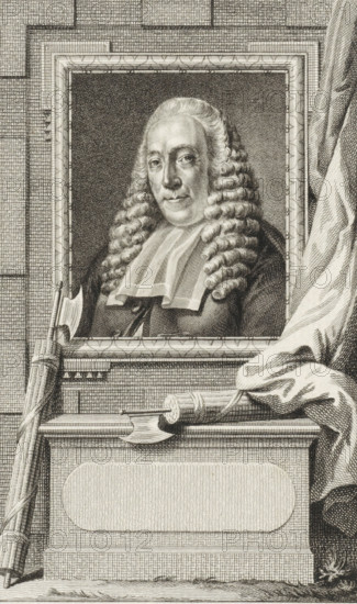 Portrait of Hendrik Danielsz. Hooft, print, Mayor of the City of Amsterdam. Below the portrait two fasces., printmaker: Reinier Vinkeles (I), Amsterdam, after drawing by Hendrik Pothoven, 1786 - 1809, paper, etching, proof print, height 225 mm x width 153 mm, Later state print also used as book illustration in: Wagenaar, Jan. Vaderlandsche historie, as a continuation of Wagenaar's Vaderlandsche historie. Vol. 1-43. Amsterdam: Johannes Allart, 1786-1809., Person, Hendrik Danielsz. Hooft, symbols and allegories of law, 'Legge', 'Legge civile' (Ripa) ('fasces cum securibus'), A framed engraved portrait of a man with long curled hair and a formal collar is centered in the image, surrounded by a decorative rectangular border set into a textured wall. The man’s face is detailed with a composed expression and shading that emphasizes facial features and hair curls. To the left of the frame a bundled rod leans upward, and below the frame a carved ledge with ornamental molding supports a cylindr...