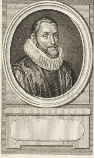 Portrait of Festus Hommius, print, minister in Leiden., inscription: 'Festus Hommius Predikant, te Leiden, 21 dp 1', FMP 2282-c, printmaker: Reinier Vinkeles (I), Amsterdam, after drawing by Jacobus Buys, 1789, paper, etching, engraving, height 237 mm x width 154 mm, Later state print used as book illustration in: Kok, Jacobus. Vaderlandsch woordenboek : met kaarten, platenen en porttraitten. Amsterdam: Johannes Allart, 1785-1796. Volume XXI., Person, Nicolaas Heinsius, A monochrome engraved portrait shows a man framed by an oval border set into a rectangular panel. He has short hair, a mustache, and a beard, and he wears a high, pleated ruff collar and a dark, buttoned garment with visible folds and textured shading. The oval frame has concentric rings and rests on a plinth with lined and rectangular decorative panels beneath it. Fine parallel hatching and crosshatching fill the background and define the facial features, clothing, and architectural elements.