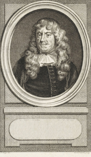 Portrait of Nicolaas Heinsius, print, philologist and poet., inscription: 'Nicolaas Heinsius, Dan. Fil., 20 dp 2.', FMP 2282-c, printmaker: Reinier Vinkeles (I), Amsterdam, after drawing by Jacobus Buys, 1789, paper, etching, proof print, height 237 mm x width 153 mm, Later state print used as book illustration in: Kok, Jacobus. Vaderlandsch woordenboek : met kaarten, platenen en porttraitten. Amsterdam: Johannes Allart, 1785-1796. Volume XX., Person, Nicolaas Heinsius, An engraved portrait of a man shown within an oval frame set against a textured rectangular background, featuring shoulder-length wavy hair, a ruffled neckcloth, and a dark buttoned coat, with detailed line shading creating facial features, hair curls, clothing folds, and the decorative frame and pedestal beneath.