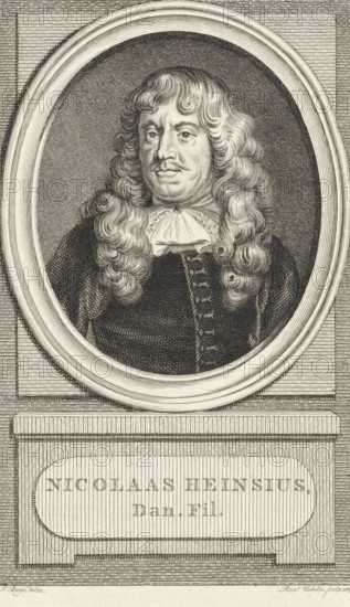 Portrait of Nicolaas Heinsius, print, book illustration, philologist and poet. Top right: XX Vol. pl. III., printmaker: Reinier Vinkeles (I), Amsterdam, after drawing by Jacobus Buys, publisher: Johannes Allart, 1788, paper, etching, height 237 mm x width 154 mm, Print used as a book illustration in: Kok, Jacobus. Vaderlandsch woordenboek : met kaarten, 1785-1796. Volume XX., Person, Nicolaas Heinsius, A black and white engraved portrait of a man shown from the chest up inside an oval frame with a textured background, featuring long wavy hair cascading over his shoulders, a ruffled neckcloth, a dark garment with a row of decorative fastenings down the front, and a calm facial expression with a mustache and slight lines on his face, the oval frame set atop a rectangular pedestal with horizontal and vertical lined shading.