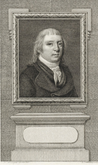Portrait of Jacob George Jeronimo Hahn, print, Portrait of the Dutch politician Jacob George Jeronimo Hahn., Van Someren 2215, printmaker: Reinier Vinkeles (I), Amsterdam, after drawing by Charles Howard Hodges, 1786 - 1809, paper, etching, proof print, height 239 mm x width 158 mm, Later state print also used as book illustration in: Wagenaar, Jan. Vaderlandsche historie, in continuation of Wagenaar's Vaderlandsche historie. Vol. 1-43. Amsterdam: Johannes Allart, 1786-1809., Person, Jacob George Jeronimo Hahn, A detailed engraved portrait shows a framed image of a man from the chest up, set against a textured background and mounted above a decorative plinth. The figure has medium-length hair with short bangs, a high collar, and a scarf or cravat tied around the neck beneath a dark coat with broad lapels. The face is rendered with fine cross-hatching, showing neutral features and a direct gaze. The rectangular frame surrounding the portrait has ornamental edging with repeating geometri...