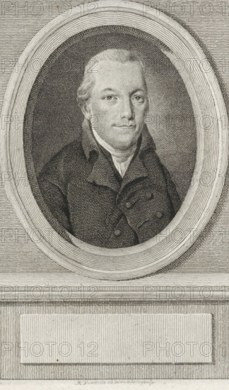 Portrait of Maurits Cornelis van Hall, print, jurist and poet., printmaker: Reinier Vinkeles (I), Amsterdam, 1786 - 1809, paper, etching, proof print, height 243 mm x width 159 mm, Later state print also used as book illustration in: Wagenaar, Jan. Vaderlandsche historie, in continuation of Wagenaar's Vaderlandsche historie. Vol. 1-43. Amsterdam: Johannes Allart, 1786-1809., Person, Maurits Cornelis van Hall, A monochrome engraved portrait shows a man from the chest up inside an oval frame, with fine line shading throughout. The man has a rounded face, light-colored eyes, and short hair combed back; his expression is neutral. He wears a high-collared shirt beneath a double-breasted coat with lapels and visible buttons. The oval frame is set against a textured background of horizontal and crosshatched lines, and below the portrait is a rectangular panel bordered by parallel lines. The engraving uses dense stippling and hatching to render shadows and fabric texture.