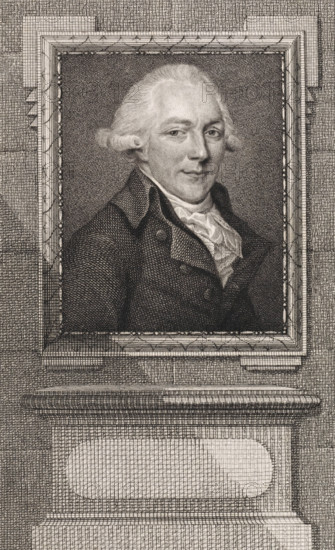 Portrait of George Hendrik de Wilde, print, Portrait of Lieutenant Colonel George Hendrik de Wilde., printmaker: Reinier Vinkeles (I), Amsterdam, after painting by Monogrammist LG (inventor), 1796, paper, etching, engraving, height 235 mm x width 155 mm, Later state print also used as book illustration in: Wagenaar, Jan. Vaderlandsche historie, ten vervolge van Wagenaars Vaderlandsche historie. Vol. 1-43. Amsterdam: Johannes Allart, 1786-1809., Person, George Hendrik de Wilde, A framed engraved portrait of a man shown from the chest up, set within an ornate rectangular frame on a textured background. The man has light-colored hair styled back with curled sides, a composed facial expression with eyes looking slightly to the viewer's left, and a high collar with a ruffled cravat beneath a dark coat with visible lapels and buttons. The frame features detailed border patterns and rests on a ledge or plinth with a recessed panel beneath, all rendered with fine crosshatching and line work.