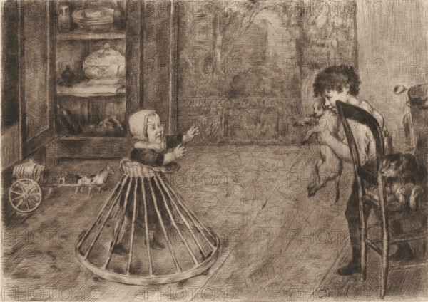 Playing children of the artist, print, In an interior, the artist's daughter takes her first steps. Opposite her stands her brother with a puppy in his arms., printmaker: Marcellin Gilbert Desboutin, 1879, Marcellin Gilbert Desboutin, printmaker, paper, drypoint, intaglio printmaking technique, height 199 mm x width 279 mm, child playing with animals, learning to walk, the first steps, A sepia-toned drawing of an interior scene showing a small child wearing a bonnet and a dress framed by a circular wooden skirt frame, reaching toward a slightly older child who sits on a wooden chair holding a small dog up at face level, another dog resting on the chair beside the seated child, a wooden cart with a wheel and small toy animals on the floor near a shelving unit filled with pottery and dishes, textured walls and floor, and various household objects arranged in the background.
