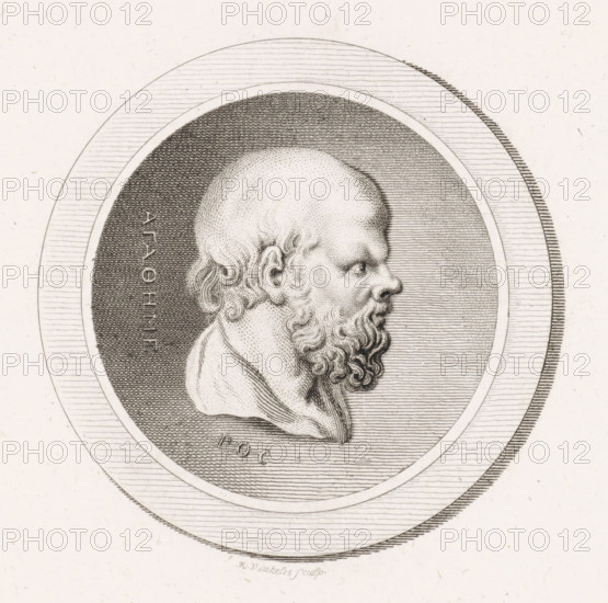 Medallion with the portrait of the philosopher Socrates, print, printmaker: Reinier Vinkeles (I), Amsterdam, 1800, paper, etching, engraving, height 240 mm x width 160 mm, Later state print used as title page for: Xénophon. Memorable Conversations of Socrates. Haarlem: Adriaan Pietersz. Loosjes, 1800., Person, Socrates, A monochrome engraved profile of an older bearded man facing right inside a lined oval medallion, showing his balding head, curled hair at the back, pronounced brow, hooked nose, and long curly beard, with textured shading on his skin and cloak and concentric lined borders surrounding the medallion.