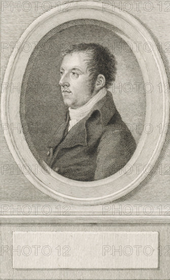 Portrait of Rutger Jan Schimmelpenninck, print, statesman in the Batavian Republic., poem: 'nine-line poem in French signed by A...eron de Bosch', printmaker: Reinier Vinkeles (I), Amsterdam, after drawing by Jacques Kuyper, writer (clerical worker): Jeronimo de Bosch, 1805, writer (clerical worker), paper, pencil, etching, engraving, engraving and pencil, proof print, height 244 mm x width 151 mm, Later state print also used as book illustration in: Wagenaar, Jan. Vaderlandsche historie, as a continuation of Wagenaar's Vaderlandsche historie. 43 vols. Amsterdam: Johannes Allart, vol. 35., Person, Rutger Jan Schimmelpenninck (1761-1825), A framed oval engraving of a man shown in profile facing left, depicted from the chest up with short curly hair, sideburns, and a smooth face; he wears a high-collared shirt and a dark coat with a wide lapel and visible buttons. The portrait sits within a textured oval border set against a background of closely spaced horizontal lines, and below the ov...