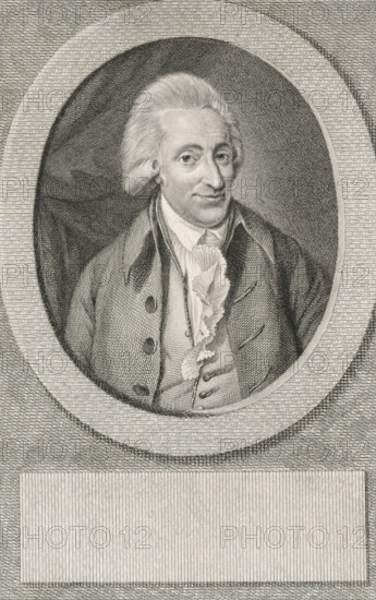 Portrait of Hendrik Albert Schultens, print, professor of Oriental languages., printmaker: Reinier Vinkeles (I), Amsterdam, after painting by Wybrand Hendriks, 1786 - 1809, paper, etching, engraving, height 233 mm x width 156 mm, Later state print also used as book illustration in: Wagenaar, Jan. Vaderlandsche historie, in continuation of Wagenaar's Vaderlandsche historie. Vol. 1-43. Amsterdam: Johannes Allart, 1786-1809., Person, Hendrik Albert Schultens, An engraved oval portrait of a man shown from the chest up, set within a textured rectangular frame, depicting him with powdered hair swept back, a high-collared shirt with a ruffled cravat, a buttoned waistcoat, and an overcoat with visible buttons; fine line shading and crosshatching create facial features, hair texture, and clothing folds, while concentric patterned borders and lined background surround the oval and an empty rectangular panel sits below.