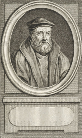 Portrait of Johannes Sartorius, print, Amsterdam poet and Reformed preacher., Van Someren 4802, printmaker: Reinier Vinkeles (I), Amsterdam, after drawing by Jacobus Buys, 1792, paper, etching, engraving, height 237 mm x width 158 mm, Later state print used as book illustration in: Kok, Jacobus. Vaderlandsch woordenboek : met kaarten, platenen en porttraitten. Amsterdam: Johannes Allart, 1785-1796. Volume XXVI., Person, Johannes Sartorius, A detailed engraved portrait of an older man with a full beard and mustache wearing a soft cap and a heavy draped robe is set inside a large oval frame; the man's eyes look slightly to one side and his facial features and textured hair are rendered with fine crosshatching, while the surrounding oval and rectangular architectural plinth beneath it are filled with parallel lines and ornamental recessed panels.
