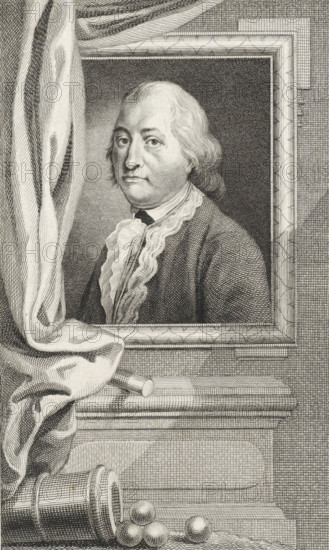 Portrait of Albert van Ryssel, print, Portrait of Major General Albert van Ryssel. Below the portrait a command staff and a cannon with cannonballs., printmaker: Reinier Vinkeles (I), Amsterdam, 1793, paper, etching, engraving, height 235 mm x width 158 mm, Later state of the print used in: Wagenaar, Jan. Vaderlandsche historie, as a continuation of Wagenaar's Vaderlandsche historie. Amsterdam: Johannes Allart, vol. 11., Person, Albert van Ryssel, baton of general, firearms: cannon, A framed engraved portrait of a man with powdered hair and a calm expression is set within a bordered rectangular frame; he wears a dark coat and a light ruffled cravat. A draped curtain hangs to the left, partially covering the frame and pooling on a ledge beneath it. On the ledge a cylindrical container lies on its side with several round balls spilled out nearby, and a small baton-like object rests against the frame. The image is rendered in fine, closely spaced engraved lines and crosshatching, creating...