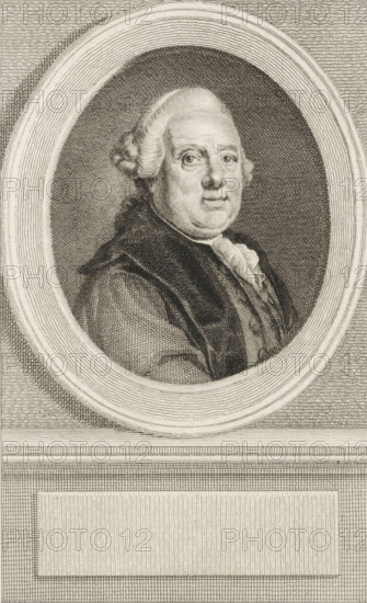 Portrait of David Ruhnken, print, Portrait of the German-Dutch classicist and philologist David Ruhnken., FMP 4599-e, printmaker: Reinier Vinkeles (I), Amsterdam, 1786 - 1809, paper, etching, engraving, height 251 mm x width 168 mm, Later state print also used as book illustration in: Wagenaar, Jan. Vaderlandsche historie, in continuation of Wagenaar's Vaderlandsche historie. Vol. 1-43. Amsterdam: Johannes Allart, 1786-1809., Person, David Ruhnken, A finely detailed oval framed engraving of a man shown from the chest up, facing slightly to the viewer's left, with powdered hair styled back and curled at the sides, a round face, and a calm expression; he wears layered clothing including a dark cloak or coat over a lighter garment and a ruffled neckcloth, all rendered with dense linear shading; the oval portrait sits within a textured rectangular background with horizontal and vertical line patterns and a blank rectangular panel below the oval.
