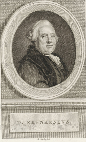Portrait of David Ruhnken, print, Portrait of the German-Dutch classicist and philologist David Ruhnken., printmaker: Reinier Vinkeles (I), Amsterdam, 1786 - 1809, paper, etching, engraving, height 236 mm x width 158 mm, Print also used as a book illustration in: Wagenaar, Jan. Vaderlandsche historie, as a continuation of Wagenaar's Vaderlandsche historie. Vol. 1-43. Amsterdam: Johannes Allart, 1786-1809., Person, David Ruhnken, An oval framed engraved portrait of a man shown from the chest up, with light-colored hair styled back and curled at the sides, wearing a dark coat over a lighter waistcoat and a ruffled neckcloth, the face rendered with fine etched shading and a calm, neutral expression, set against a densely hatched oval background and surrounded by a textured rectangular border that includes a recessed panel beneath the oval.