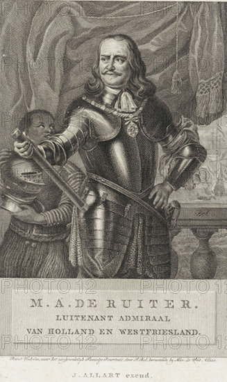 Portrait of Michiel Adriaenszoon de Ruyter, print, Portrait of Lieutenant Admiral Michiel Adriaenszoon de Ruyter, in armor and with a commander's staff in his hand. On the left, a servant with a helmet. On the right, a view of a sailing ship and a sloop., printmaker: Reinier Vinkeles (I), Amsterdam, after painting by Ferdinand Bol, publisher: Johannes Allart, 1773 - 1816, Reinier Vinkeles (I), Ferdinand Bol, Johannes Allart, printmaker, after painting by, publisher, paper, etching, engraving, etching and engraving, height 196 mm x width 116 mm, Person, Michiel Adriaenszoon de Ruyter, helmet, baton of general, armour, manservant, footman, A detailed engraved portrait of a man in polished plate armor with shoulder plates, a breastplate, and gauntlets, wearing a lace cravat and a medallion at his chest, standing with one hand on his hip and the other holding a baton or staff; his hair is shoulder-length and wavy, and he has a mustache and a small pointed beard. Behind him draped curtains ...