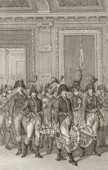 Return by the French of historical pieces from the Stadholder's collection to the States General, 1795, print, historical print, Ceremony with the return by the French, led by General JB Dumonceau, of five important historical pieces from the confiscated Stadholder's collection of William V. French soldiers carry the pieces into the Binnenhof for transfer to the States General, March 12, 1795., printmaker: Reinier Vinkeles (I), Amsterdam, in or before 1803, paper, etching, engraving, height 240 mm x width 159 mm, A detailed black and white engraving shows a group of uniformed soldiers marching through an ornate interior with tall decorated walls and high ceilings. The soldiers wear bicorn hats with plumes and double-breasted coats with sashes at the waist; some carry long staffs or rifles and others handle a small wheeled cannon. Their poses vary as they march in formation, with visible facial hair and stern expressions. Behind them are decorative architectural elements including frame...