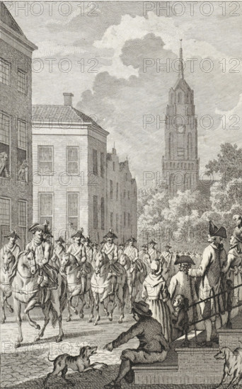 Deployment of soldiers in Amersfoort, 1785, print, historical print, By order of Prince William V and at the request of the Provincial States of Utrecht, the soldiers are deported, August 16, 1785. Soldiers on horseback march through a street in Amersfoort., printmaker: Reinier Vinkeles (I), Amsterdam, after drawing by Jacobus Buys, 1793, paper, etching, proof print, height 230 mm x width 155 mm, Used as illustration in: PA Loosjes. Vaderlandsche historie, vervattende de geschiedenissen, der Vereenigde Nederlanden, Ten onmiddelyken vervolge van Wagenaar's Vaderlandsche historie. Amsterdam: Johannes Allart, vol. 11, Patriot Period (1780-1795), Amersfoort, Period, 1785-08-16, A detailed black and white engraving shows a street scene with a column of uniformed mounted soldiers riding toward the left, their horses in motion and riders wearing tricorn hats and military coats; on the left a row of multistory brick buildings with tall windows and a smaller building with a pitched roof and chi...
