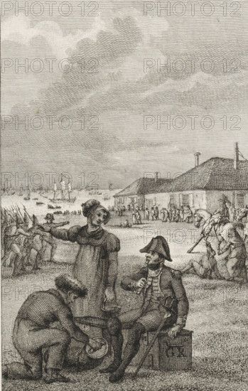 Anglo-Russian invasion, 1799, print, historical print, printmaker: Reinier Vinkeles (I), Amsterdam, 1807 - 1809, paper, etching, engraving, height 252 mm x width 165 mm, Used as illustration in: PA Loosjes. Vaderlandsche historie, vervattende de geschiedenissen, der Vereenigde Nederlanden, Ten onmiddelyken vervolge van Wagenaar's Vaderlandsche historie. Amsterdam: Johannes Allart, vol. 41., sailing-ship, sailing-boat, troop movements, transportation, departure, travelling, patriot (revolutionary) (variant), French period, Period, A detailed black and white engraving shows a shoreline scene with a cloudy sky above and a busy beach below. In the foreground a seated man in a military uniform and a bicorne hat leans on a cane while another man kneels beside a barrel, handling a smaller container. A woman stands nearby holding a pail, wearing a long dress and a bonnet. Behind them a row of soldiers advance with spears or pikes, and groups of people gather and move along the sand. Further ba...