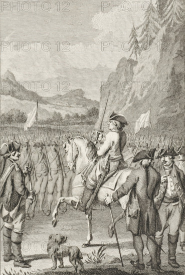 Outdoor meeting in Switzerland, print, Outdoor People's Assembly in Switzerland., printmaker: Reinier Vinkeles (I), Amsterdam, after drawing by Jacobus Buys, 1786, Reinier Vinkeles (I), Jacobus Buys, printmaker, after drawing by, paper, etching, engraving, height 230 mm x width 150 mm, Later state print used as book illustration in: Martinet, Joannes Florentius. Historie der waereld. Amsterdam: Johannes Allart, 1780-1788. 25 volumes. volume VII, pl. IV., meeting, assembly - AA - in the open air, Switzerland, A monochrome engraved scene shows a group of uniformed soldiers standing in formation across a field with flags held aloft, while a mounted officer in a tricorne hat raises a sword and faces them; several other men in period clothing and tricorne hats stand nearby, one leaning on a staff and another gesturing, and a dog stands in the foreground looking toward the horse; a row of distant hills and trees stretches behind the troops, and a steep rocky cliff with tall slender trees ris...