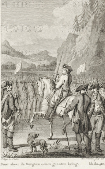 There the Citizens form a large circle, Outdoor assembly in Switzerland, print, book illustration, Outdoor People's Assembly in Switzerland. Top right: VII.D.Pl.IV. Bottom right: Page 488., printmaker: Reinier Vinkeles (I), Amsterdam, after drawing by Jacobus Buys, 1786, Reinier Vinkeles (I), Jacobus Buys, printmaker, after drawing by, paper, etching, engraving, etching and engraving, height 230 mm x width 150 mm, Print used as book illustration in: Martinet, Joannes Florentius. History of the World. Amsterdam: Johannes Allart, 1780-1788. 25 volumes. volume VII, pl. III., Person, Stanislaus Leszczynski (King of Poland), meeting, assembly - AA - in the open air, Switzerland, A detailed black and white engraved scene shows a group of men in historical military dress gathered in a landscape with distant hills and a sky filled with fine horizontal lines. In the foreground a mounted officer wearing a tricorn hat and holding a raised sword sits on a rearing horse while several men on foot in...