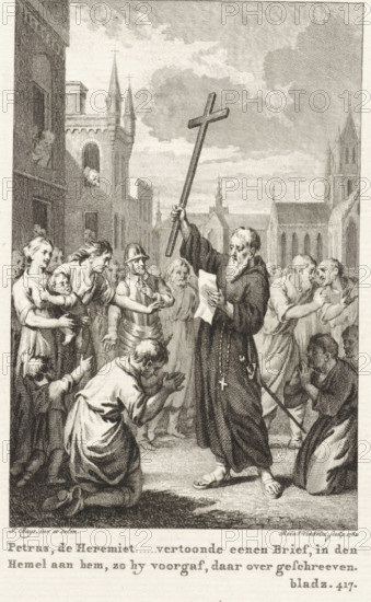 Peter of Amiens with letter and crucifix amidst a crowd, Peter the Hermit, print, book illustration, Peter of Amiens with letter and crucifix amidst a crowd in Amiens. Top right: III.D.Pl.IV. Bottom right: p. 417., printmaker: Reinier Vinkeles (I), Amsterdam, after drawing by Jacobus Buys, 1782, paper, etching, engraving, etching and engraving, height 230 mm x width 150 mm, Print used as book illustration in: Martinet, Joannes Florentius. Historie der waereld. Amsterdam: Johannes Allart, 1780-1788. 25 volumes. volume III, pl. IV., Person, Peter of Amiens, crucifix, personal devotion, letter, envelope, Amiens, A detailed black and white engraving shows a bearded man in a long robe standing in the center holding a tall cross aloft in one hand and a sheet of paper in the other, a rosary with a cross hanging from his waist and a staff at his side; he faces a crowd of variously dressed people who display pleading and attentive gestures, including a kneeling figure with clasped hands in the ...