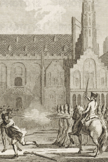 Militia fires on the rioters in Haarlem, 1750, print, historical print, Militia opens fire on the rebellious citizens in front of the town hall on the Grote Markt in Haarlem during the Farmers' Revolt, January 1750., printmaker: Reinier Vinkeles (I), Amsterdam, printmaker: Cornelis Bogerts, after drawing by Jacobus Buys, 1783 - 1795, Reinier Vinkeles (I), Cornelis Bogerts, Jacobus Buys, printmaker, after drawing by, paper, etching, proof, height 160 mm x width 100 mm, Illustration for: J. Fokke. Histories of the United Netherlands for the Fatherland's Youth. Amsterdam: Johannes Allart, 1783-1795, 25 volumes. Volume XI plate. XI. Incorrectly described by Muller as: Confrontation between civilian patrol and military patrol in Arnhem, 1784., anti-riot measures, Tenant Farmers' Revolt (1747-1750), Haarlem, Town Hall (Haarlem), Period, 1750-01, A detailed etched scene showing a large stone building with arched windows and a tiled roof, a tall vertical tower rising beside it, and decorative ...