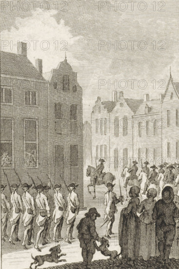 Deployment of troops in Amersfoort, 1785, print, historical print, By order of Prince William V and at the request of the Provincial States of Utrecht, the troops are deported, August 16, 1785. Mounted soldiers and foot soldiers march through a street in Amersfoort., printmaker: Reinier Vinkeles (I), Amsterdam, printmaker: Cornelis Bogerts, after drawing by Jacobus Buys, 1783 - 1795, paper, etching, proof, height 160 mm x width 100 mm, Illustration for: J. Fokke. Histories of the United Netherlands for the fatherland's youth. Amsterdam: Johannes Allart, 1783-1795, 25 volumes. Volume XV, Patriot Period (1780-1795), Amersfoort, Period, 1785-08-16, A detailed monochrome engraving shows a street scene with tall narrow buildings lining both sides, featuring pitched and stepped roofs, multiple windows, and textured brickwork. A formation of uniformed figures marches along the left side carrying long poles, while on the right a group of mounted riders and more people stand or walk, some weari...