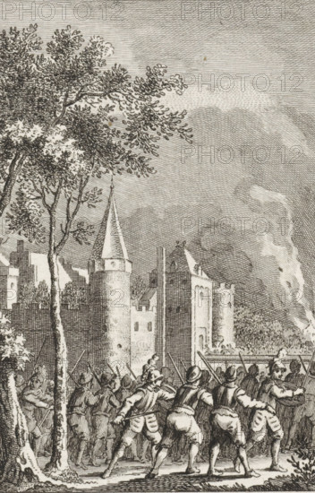 The castle at Muiden besieged by the Gelders, 1508, print, historical print, Muiderslot besieged by the Gelders, 1508. Gelderse soldiers storm the castle at Muiden., printmaker: Reinier Vinkeles (I), Northern Netherlands, printmaker: Cornelis Bogerts, after drawing by Jacobus Buys, 1755 - 1816, paper, etching, engraving, etching and engraving, height 0 mm x width 0 mm, Illustration for: J. Fokke, Geschiedenissen der Vereenigde Nederlanden voor de vaderlandsche jeugd, Johannes Allart, Amsterdam 1783-1795, 25 volumes, vol. III, pl. IV. Stands before the letter., siege, position war, Gelderland wars, Muiden, Muiderslot, Period, A detailed black and white engraving shows a group of armed soldiers in period clothing advancing with pikes and muskets in the foreground, their backs and profiles visible as they move toward a fortified castle in the middle ground; the castle features round towers with conical roofs, crenelated walls, narrow windows, and a gate, while tall trees with dense, finel...