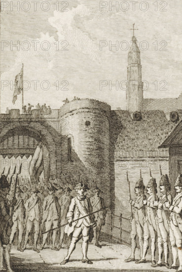 Exodus of the garrison from Maastricht, 1748, print, historical print, The exodus with full military honors of the Dutch garrison under Baron van Aylva, after the capitulation of the city of Maastricht to the French, May 10, 1748., printmaker: Reinier Vinkeles (I), Amsterdam, printmaker: Cornelis Bogerts, after drawing by Jacobus Buys, 1783 - 1795, paper, etching, proof, height 160 mm x width 100 mm, Illustration for: J. Fokke. Histories of the United Netherlands for the patriotic youth. Amsterdam: Johannes Allart, 1783-1795, 25 volumes. Volume XI pl. V., retreat of the defeated, Invangen van Maastricht (1748), Maastricht, Period, 1748-05-10, A detailed monochrome engraving shows a stone gateway and rounded tower beside a roofed building, with a tall spire rising behind them; a flag flies from a pole on the ramparts where small groups of figures stand; below, two columns of soldiers face each other, dressed in period uniforms with plumed hats and holding long spears, while a man in fro...