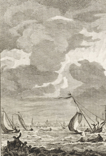 Severe storm on the IJ, July 13, 1788, print, Storm on the IJ on July 13, 1788. Boats in distress on the water, in the distance the profile of Amsterdam., printmaker: Reinier Vinkeles (I), Northern Netherlands, printmaker: Cornelis Bogerts, after drawing by Jacobus Buys, 1788 - 1795, paper, etching, engraving, etching and engraving, proof print before the letter, height 0 mm x width 0 mm, Used as illustration in: J. Fokke, Geschiedenissen der Vereenigde Nederlanden voor de vaderlandsche jeugd, Johannes Allart, Amsterdam 1783-1795, 25 parts, vol. 21, pl. 1., storm, Amsterdam, IJ, Period, 1788-07-13, A grayscale etching showing a dramatic sky filled with large, textured clouds above a busy coastal scene with rough water and several sailing boats with billowing sails; a distant shoreline with clustered buildings and spires is visible on the horizon, while figures in and near the water and on the rocky shore appear in the foreground, and the composition is detailed with fine linework and c...
