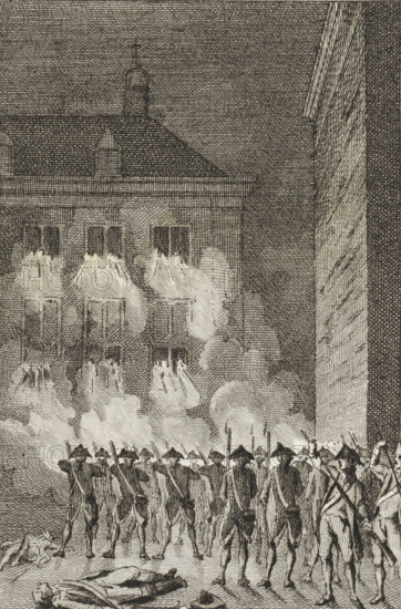 Attack on Soestdijk, 1787, print, historical print, The Palace at Soestdijk attacked by patriots from Utrecht but defended by a detachment of German troops, July 27, 1787. In the foreground the body of the shot soldier Christoffel Pullman., printmaker: Reinier Vinkeles (I), Amsterdam, printmaker: Cornelis Bogerts, after drawing by Jacobus Buys, 1783 - 1795, paper, etching, proof, height 160 mm x width 100 mm, Illustration for: J. Fokke. Histories of the United Netherlands for the National Youth. Amsterdam: Johannes Allart, 1783-1795, 25 volumes. Volume XVIII, plate VI., Person, Christoffel Pullmann, festivities on events of national importance (eating and drinking, festive activities), (military) attack (citizen soldiery, civil guard, citizen militia), Patriot Era (1780-1795), Soestdijk Palace, Soestdijk, Period, 1787-07-27, A group of uniformed soldiers seen from behind stand in formation holding long rifles with bayonets, their hats forming a dark row, while plumes of smoke and flash...