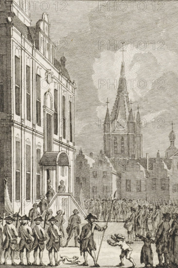 Remotion in Delft, 1787, print, historical print, View of the town hall in Delft occupied by patriots demanding the replacement of the eleven council members, August 21, 1787., printmaker: Reinier Vinkeles (I), Amsterdam, printmaker: Cornelis Bogerts, after drawing by Jacobus Buys, 1783 - 1795, paper, etching, proof, height 160 mm x width 100 mm, Illustration for: J. Fokke. Histories of the United Netherlands for the National Youth. Amsterdam: Johannes Allart, 1783-1795, 25 volumes. part XVIII pl. IX., occupation, war (citizen soldiery, civil guard, citizen militia), Patriot Era (1780-1795), Delft, City Hall (Delft), Period, 1787-08-21, A detailed black-and-white engraving shows a street scene with a large multi-story building on the left featuring tall windows, decorative stonework, and an arched entrance with a small portico and steps where a few figures stand; in front of the building and extending into the foreground a formation of uniformed soldiers or guards march or stand in ran...