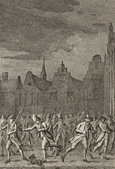 Patriots leaving Utrecht, 1787, print, Exodus of patriots from Utrecht, on the night of September 15 to 16, upon the approach of the Prussian troops., printmaker: Reinier Vinkeles (I), Amsterdam, printmaker: Cornelis Bogerts, after drawing by Jacobus Buys, 1783 - 1795, paper, etching, proof print, height 160 mm x width 100 mm, Illustration for: J. Fokke. Histories of the United Netherlands for the Fatherland's Youth. Amsterdam: Johannes Allart, 1783-1795, 25 volumes. part XIX pl. V., putting the enemy to flight - HH - being put to flight, fleeing (citizen soldiery, civil guard, citizen militia), Patriots flee Utrecht, Utrecht, Period, 1787-09-15 - 1787-09-16, A densely crosshatched ink scene showing a row of tall, pointed and gabled buildings filling the middle distance beneath a heavily textured sky, with a street crowded in the foreground by numerous uniformed figures in motion holding long, thin poles. The figures wear knee-length coats and breeches and are depicted in active runnin...