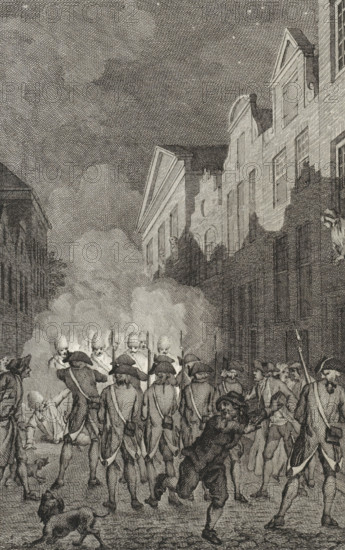 Confrontation between civilian patrol and military patrol in Arnhem, 1784, print, historical print, A confrontation between a civilian patrol and a military patrol in the Turfstraat in Arnhem, August 2, 1784. Riots in connection with the cemetery issue in Arnhem., printmaker: Reinier Vinkeles (I), Amsterdam, after drawing by Jacobus Buys, 1788 - 1790, paper, etching, engraving, height 230 mm x width 155 mm, Used as illustration in: PA Loosjes. Vaderlandsche historie, vervattende de geschiedenissen, der Vereenigde Nederlanden, Ten onmiddelyken vervolge van Wagenaar's Vaderlandsche historie. Amsterdam: Johannes Allart, vol. 3, 1790., warfare, military affairs (citizen soldiery, civil guard, citizen militia), Patriot time (1780-1795), Arnhem, Period, 1784-08-02, A densely crosshatched street scene in monochrome showing a group of uniformed soldiers with cocked hats and muskets standing with their backs to the viewer, facing a cloud of smoke from which helmeted figures with tall plumes eme...