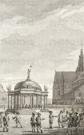 Swearing-in of the government regulations in Haarlem, 1787, print, historical print, Solemn ceremony with the swearing-in of the new government regulations in a temple erected on the Grote Markt in Haarlem, September 5, 1787. Militias are lined up around the square., printmaker: Reinier Vinkeles (I), Amsterdam, after drawing by Jacobus Buys, 1795, paper, etching, engraving, height 231 mm x width 154 mm, Used as an illustration in: PA Loosjes. Vaderlandsche historie, vervattende de geschiedenissen, der Vereenigde Nederlanden, Ten onmiddelyken vervolge van Wagenaar's Vaderlandsche historie. Amsterdam: Johannes Allart, vol. 15., warfare, military affairs (citizen soldiery, civil guard, citizen militia), proclamation of new government, Patriot Era (1780-1795), Haarlem, St. Bavo Church (Haarlem), Grote Markt (Haarlem), Period, 1787-09-05, A detailed monochrome engraving showing a domed pavilion with columns and steps, a statue atop the dome holding a raised object, decorative elements on th...