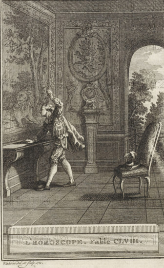 Horoscope, L'Horoscope. Fable CLVIII., print, A young man clenches his fist at the painting of a lion. Illustration of Fable CLVIII, L'Horoscope., printmaker: Reinier Vinkeles (I), Amsterdam, 1772, paper, etching, height 214 mm x width 127 mm, Print probably used as an illustration in one or more editions of: La Fontaine, Jean de. Fables choisies. Amsterdam: J. van Gulik, 1802., picture, painting, beasts of prey, predatory animals: lion, arm raised, with fist, An interior scene rendered in fine line work shows a man in period clothing leaning forward with one hand on a table and the other raised, his body angled toward a large wall panel depicting a tree and a lion; the man wears a coat with flowing tails, knee-length breeches, stockings, and shoes, and a sword hangs at his side. The room features ornate wall paneling with decorative molding and framed ovals, a pedestal topped with an ornamental object, and a tall arched opening revealing trees and sky outside. A cushioned chair with c...