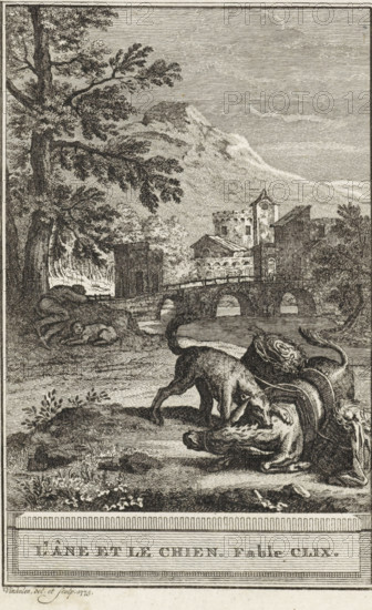 The Donkey and the Dog. Fable CLIX, The Dog and the Donkey, print, A dog bites a donkey in the neck. In the background a river and a small village. Illustration of Fable CLIX, The Donkey and the Dog., printmaker: Reinier Vinkeles (I), Amsterdam, 1773, paper, etching, height 215 mm x width 124 mm, Print probably used as an illustration in one or more editions of: La Fontaine, Jean de. Fables choisies. Amsterdam: J. van Gulik, 1802., dog, river, ass, donkey, A detailed monochrome engraving shows a rural scene with a large tree on the left foreground, its branches and leaves spreading across the upper left. A reclining human figure rests on a rock or grassy mound near the left center, with another smaller figure or animal curled nearby. In the middle distance a stone bridge with multiple arches spans a body of water, partially obscuring buildings and a tower with architectural details behind it. Rolling hills or a mountain rise in the background beneath a lined sky. In the right foregroun...