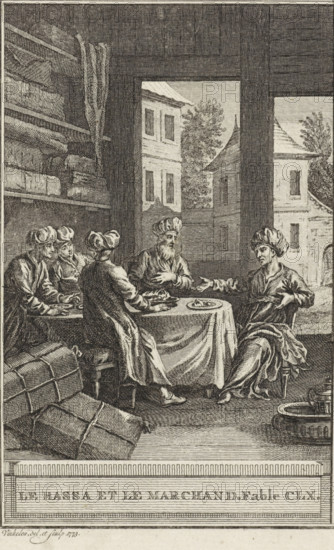 Le Bassa et le Marchand, The merchant and his guard, print, A few men are having a meal together. Illustration of Fable CLX, Le Bassa et le Marchand., printmaker: Reinier Vinkeles (I), Amsterdam, 1773, paper, etching, height 216 mm x width 123 mm, Print probably used as an illustration in one or more editions of: La Fontaine, Jean de. Fables choisies. Amsterdam: J. van Gulik, 1802., merchant, salesman, head-gear: turban, evening meal, dinner, supper, A monochrome engraved scene shows an interior with a table covered by a draped cloth and surrounded by five seated figures wearing turbans and robes; one figure gestures with an arm extended toward another while a bearded figure sits opposite with a hand on his chest, and the others are engaged around the table where plates and a loaf are visible. Shelving with stacked packages and bundles occupies the left side, and large tied bales rest on the floor in the foreground. A wide open doorway or window behind the group reveals exterior buildi...
