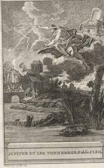Jupiter and the thunder, Jupiter et les Tonnerres. Fable CLXII., print, From a cloud formation Jupiter hurls a number of lightning bolts at the earth. Illustration of Fable CLXII, Jupiter et les Tonnerres., printmaker: Reinier Vinkeles (I), Amsterdam, 1773, paper, etching, height 214 mm x width 124 mm, Print probably used as an illustration in one or more editions of: La Fontaine, Jean de. Fables choisies. Amsterdam: J. van Gulik, 1802., landscapes, river, (story of) Jupiter (Zeus), attributes of Jupiter: thunderbolt, A monochrome engraved scene shows a muscular seated figure on a cloud, reaching outward with one arm while holding jagged bolts in the other, a draped cloth over the figure and an eagle beneath. Behind the figure is a chariot wheel and more billowing clouds. Below, a riverside landscape features a bridge with human figures on and near it, buildings with towers and rooftops, clusters of trees, and distant structures on the horizon. In the foreground, reeds and rocks line a...